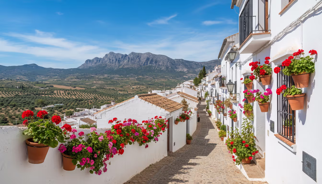 White Andalusian pueblo blanco village on hillside with narrow cobblestone streets flower pots and olive groves under blue sky