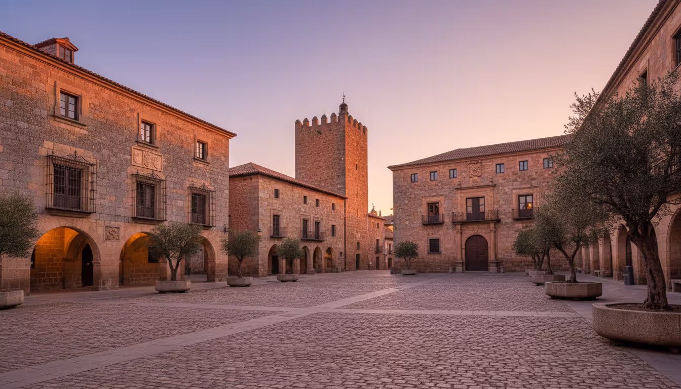 Medieval stone palaces and towers in Caceres Spain old town square with warm evening light