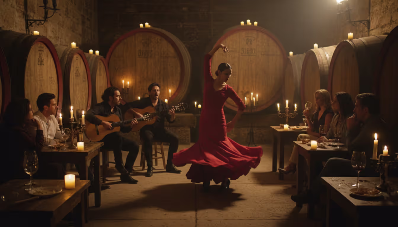 Intimate flamenco performance in dimly lit sherry bodega with dancer in red dress guitarist and candlelight