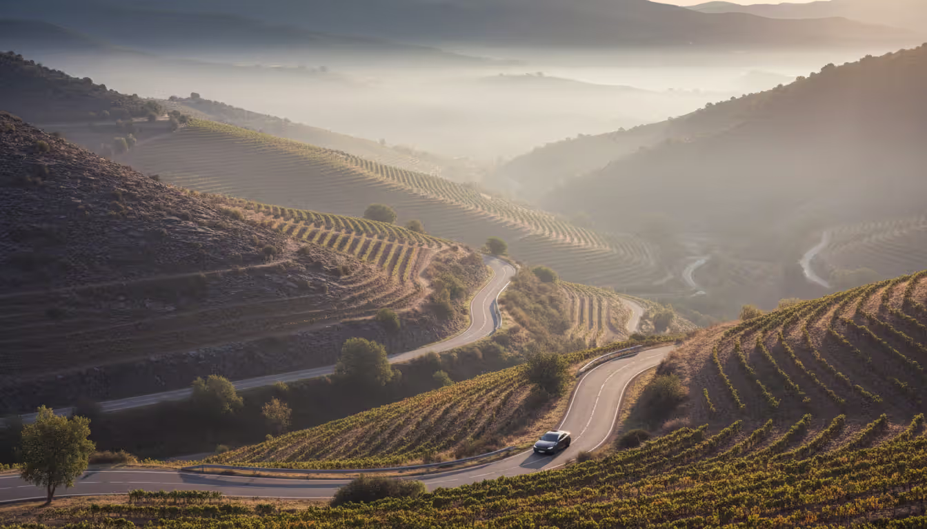 Scenic winding road through Priorat vineyard terraces in Catalonia with elegant dark car and morning mist over hills