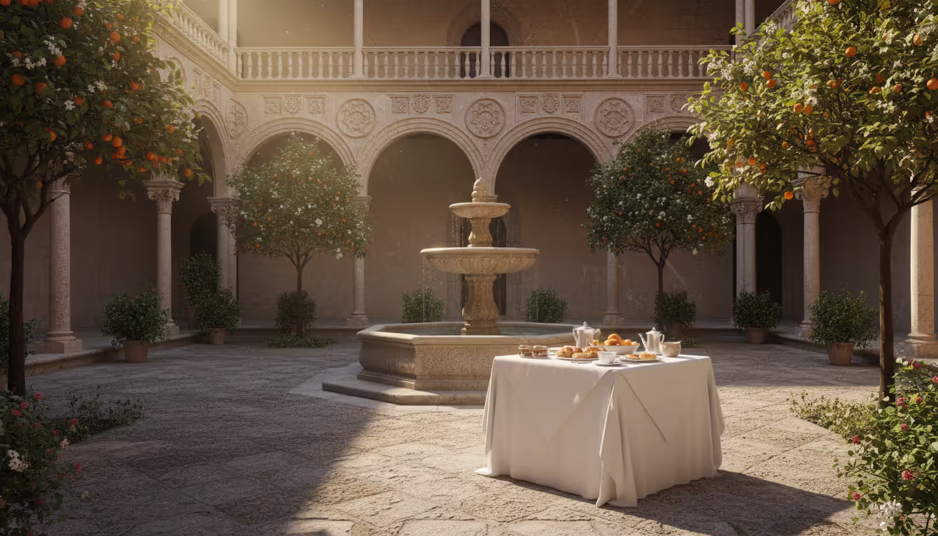 Luxury Spanish parador hotel Renaissance courtyard with stone arches fountain orange trees and breakfast table in morning sunlight