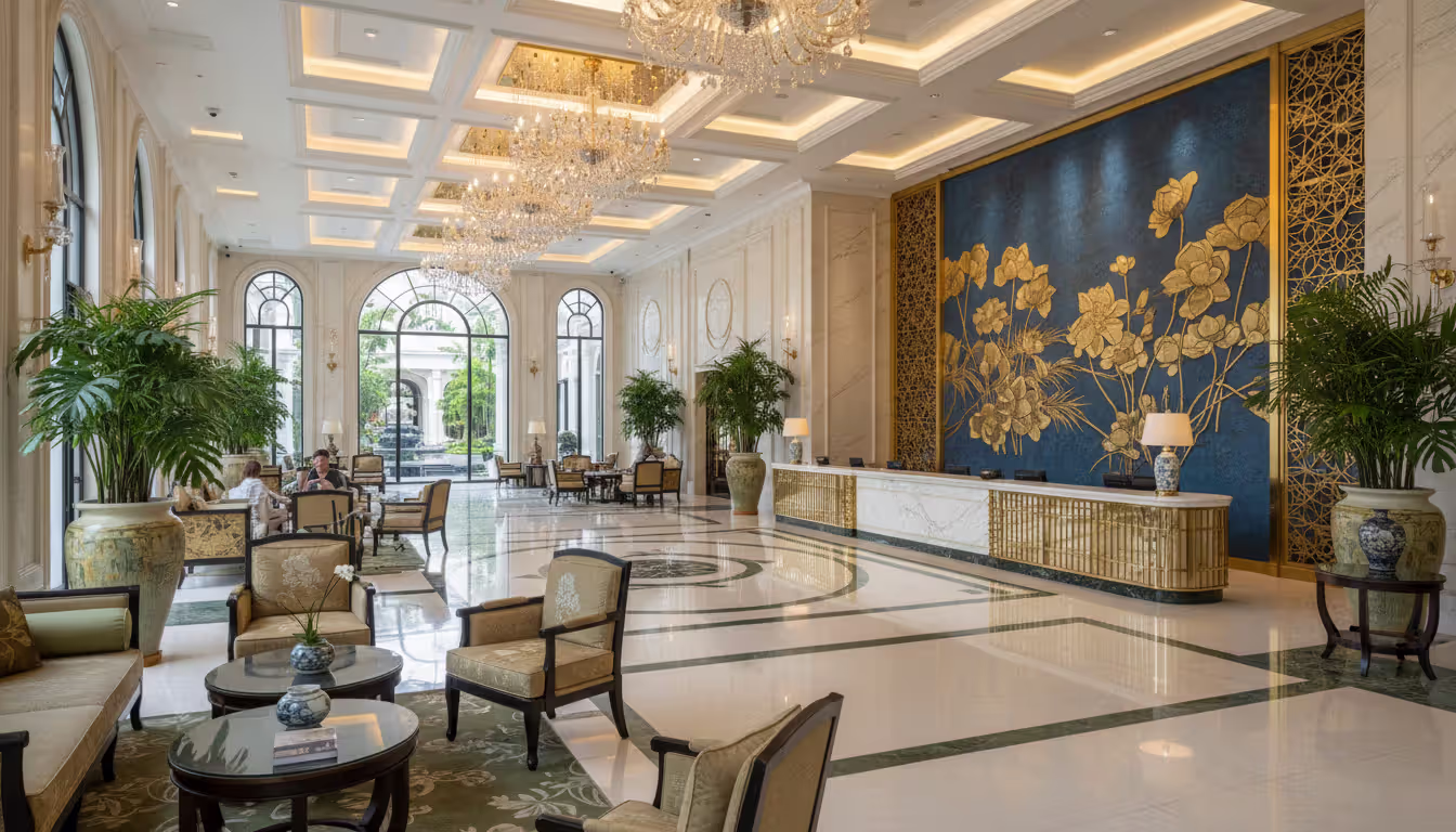 Opulent lobby interior of a five-star luxury hotel in Vietnam with crystal chandeliers, marble floors, and tropical plants