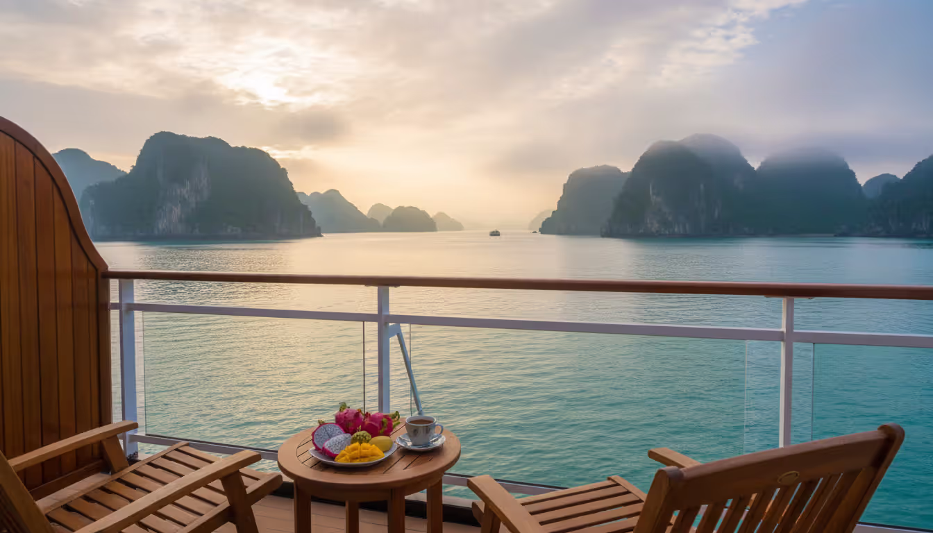 Private teak balcony of a luxury cruise cabin overlooking calm turquoise waters and karst cliffs of Lan Ha Bay with morning coffee on table