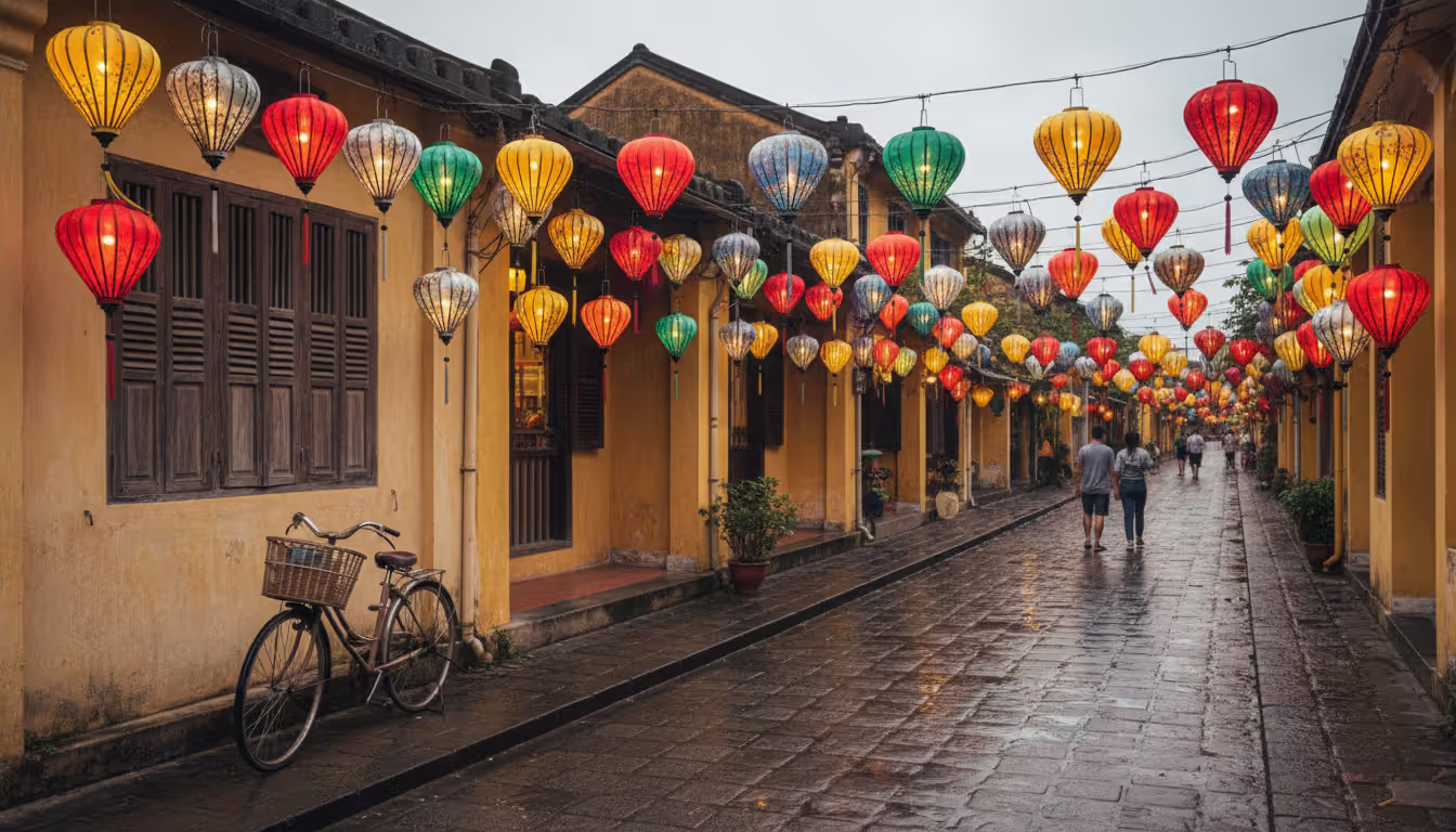 Evening view of Hoi An ancient town with yellow colonial buildings, colorful silk lanterns hanging across a narrow street, and a bicycle by the wall
