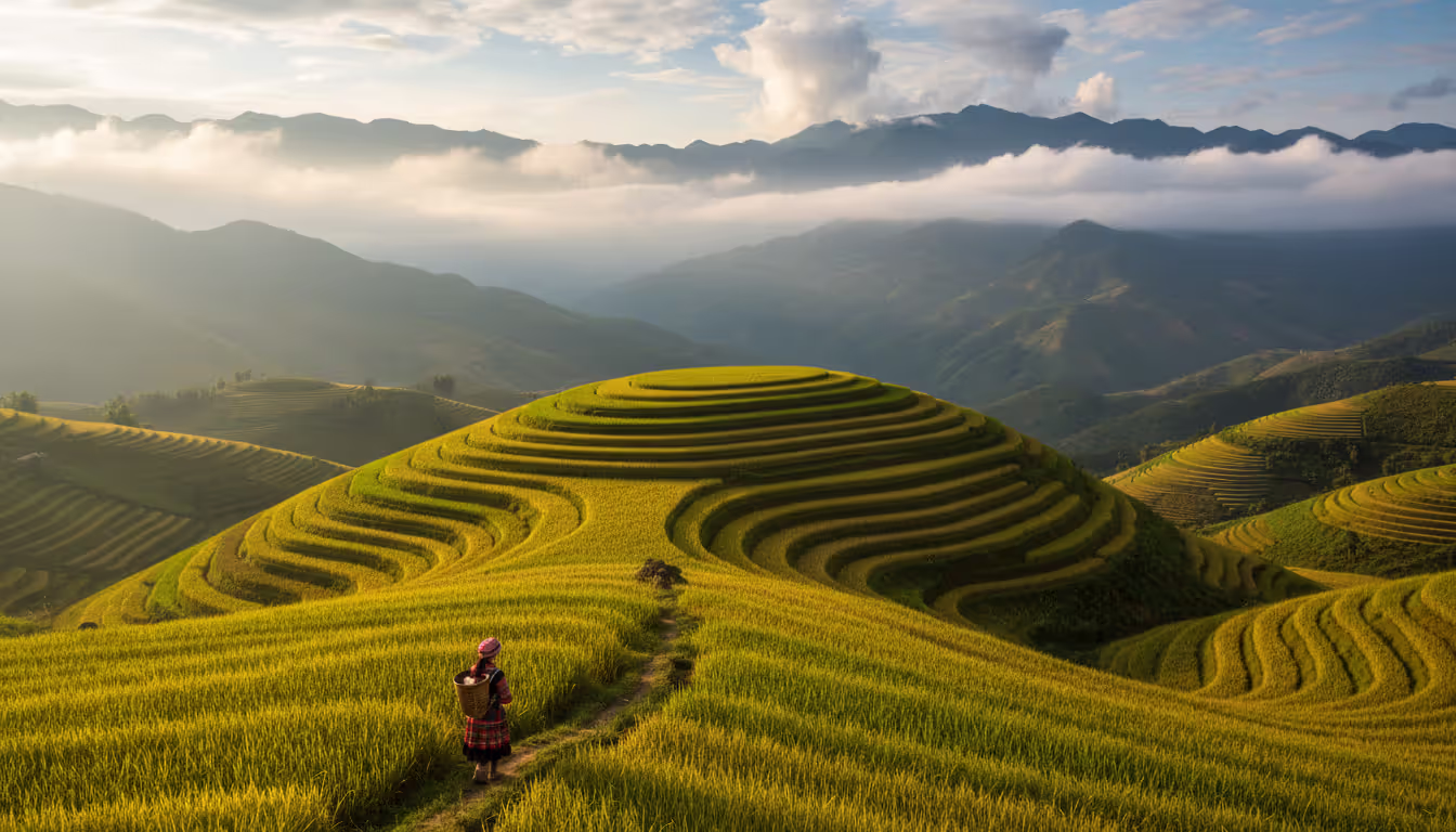 Terraced rice fields in Sapa with a Hmong woman in traditional embroidered clothing walking along a path, mountains and clouds in background