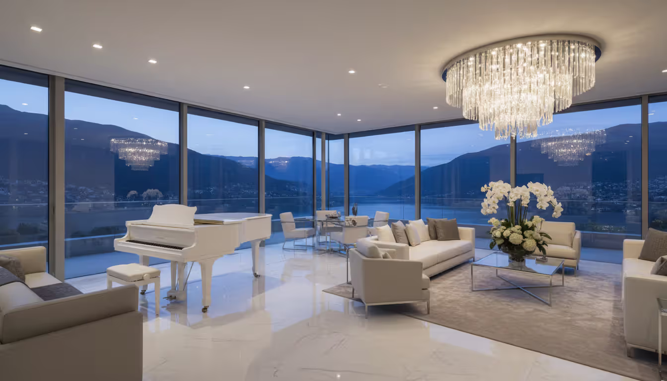 Luxurious penthouse suite interior with floor-to-ceiling windows overlooking a lake and mountains at dusk, featuring a white grand piano, marble floors, crystal chandelier, and designer furniture
