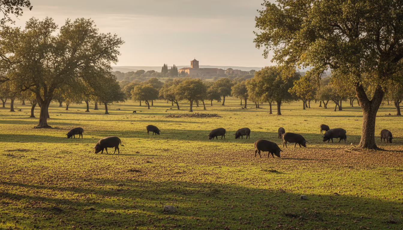 Dehesa landscape in Extremadura with cork oak trees and black Iberian pigs foraging on acorn-covered ground with a stone village silhouette in the background