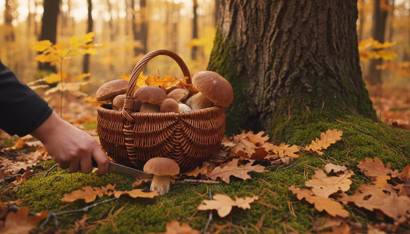 Wicker basket filled with fresh boletus mushrooms on mossy ground among fallen oak leaves in an autumn forest with a hand cutting another mushroom nearby