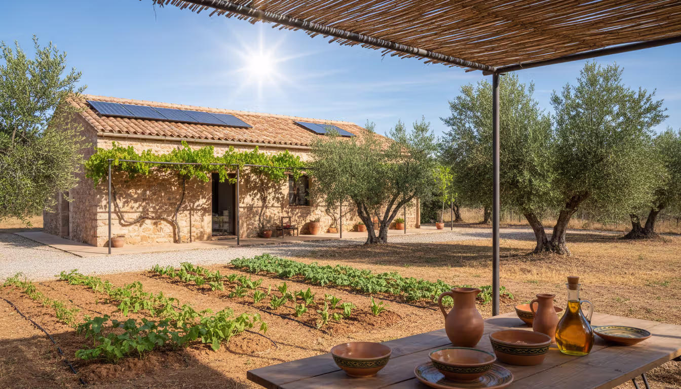 Eco-lodge in rural Andalusia with stone walls covered in grapevines solar panels on terracotta roof and an organic vegetable garden with olive trees in front on a sunny day