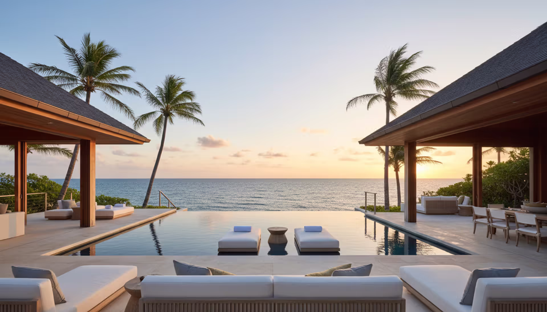 Luxurious ocean-view villa with infinity pool and elegant terrace on a tropical island at sunset