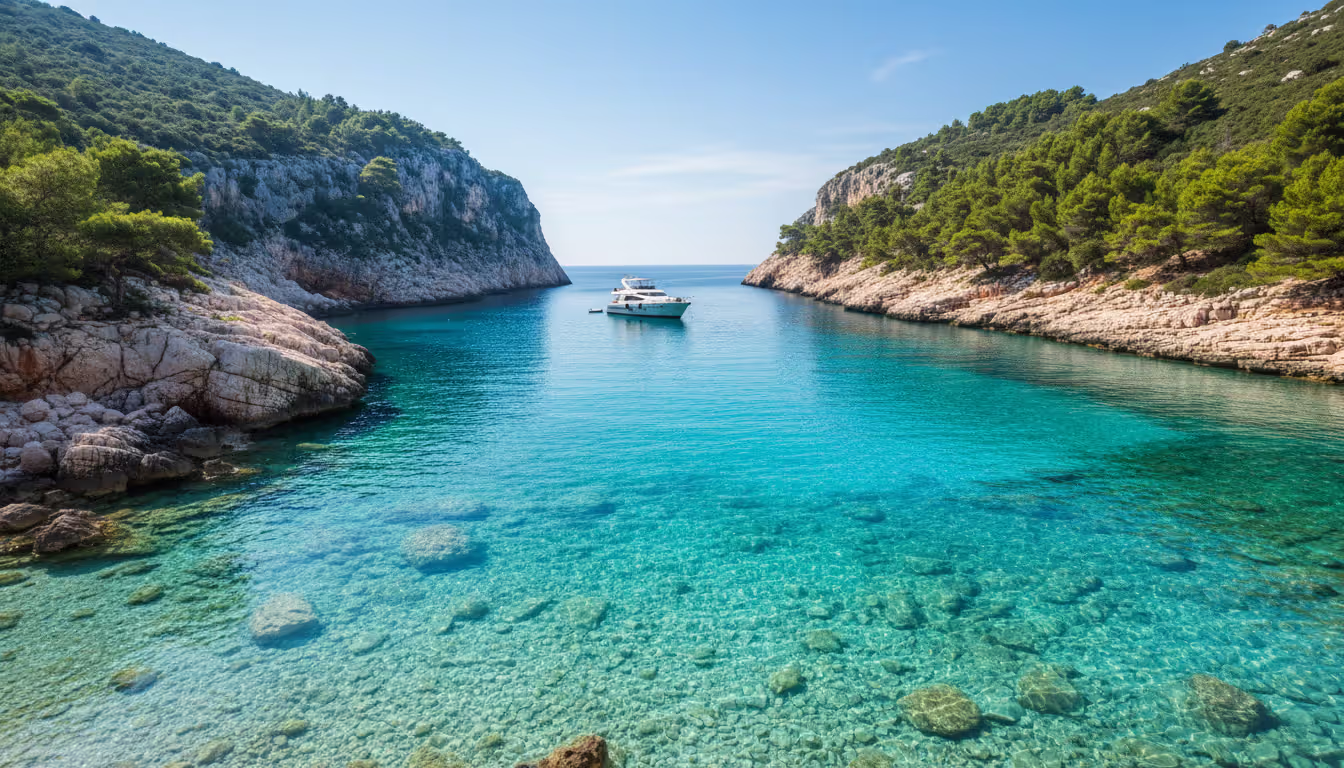 A yacht anchored in a secluded Croatian bay with crystal-clear water surrounded by rocky cliffs and Mediterranean pine trees