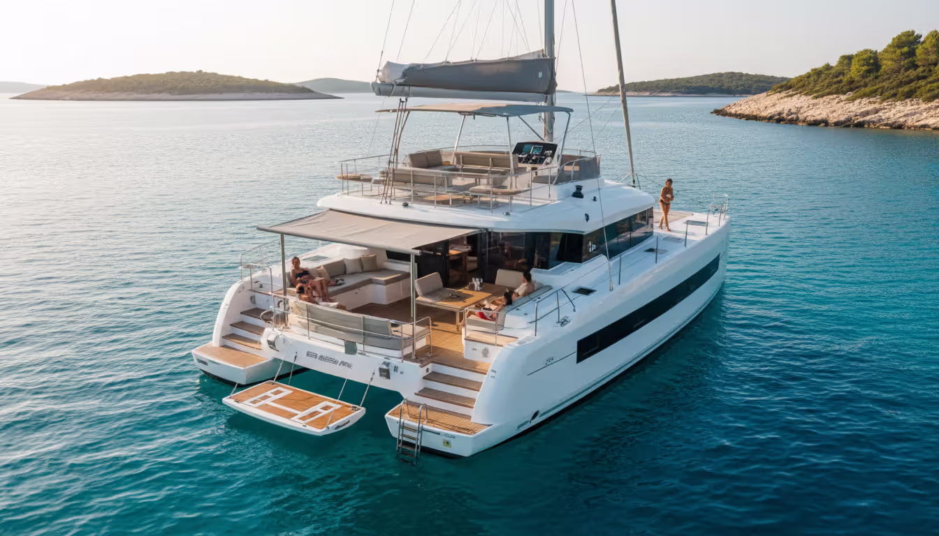 A modern luxury catamaran with spacious deck and flybridge anchored near the Croatian coast on a sunny day