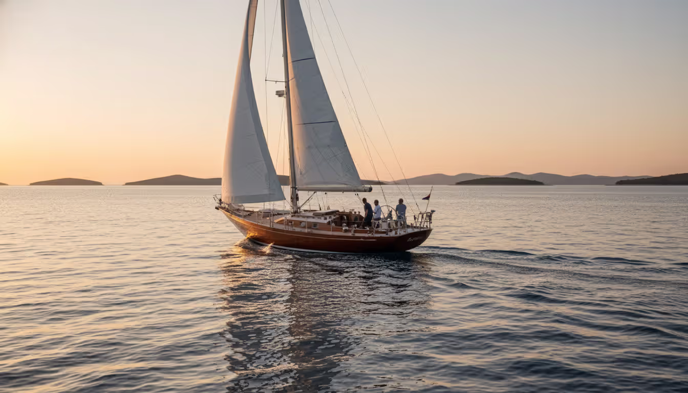 A sailing yacht under white sails cruising the Adriatic Sea at sunset with Croatian island silhouettes on the horizon
