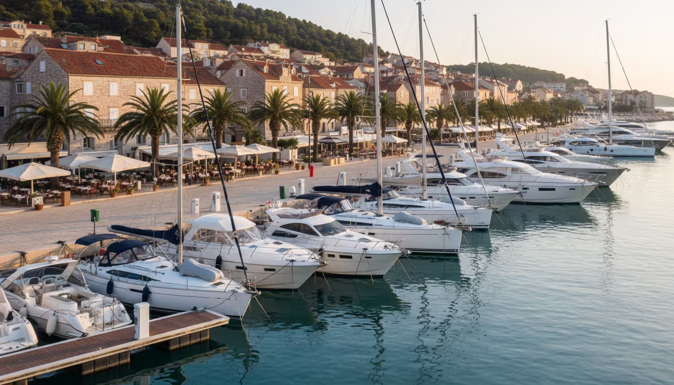 A modern Croatian marina with moored sailing and motor yachts and a Mediterranean coastal town with stone buildings in the background
