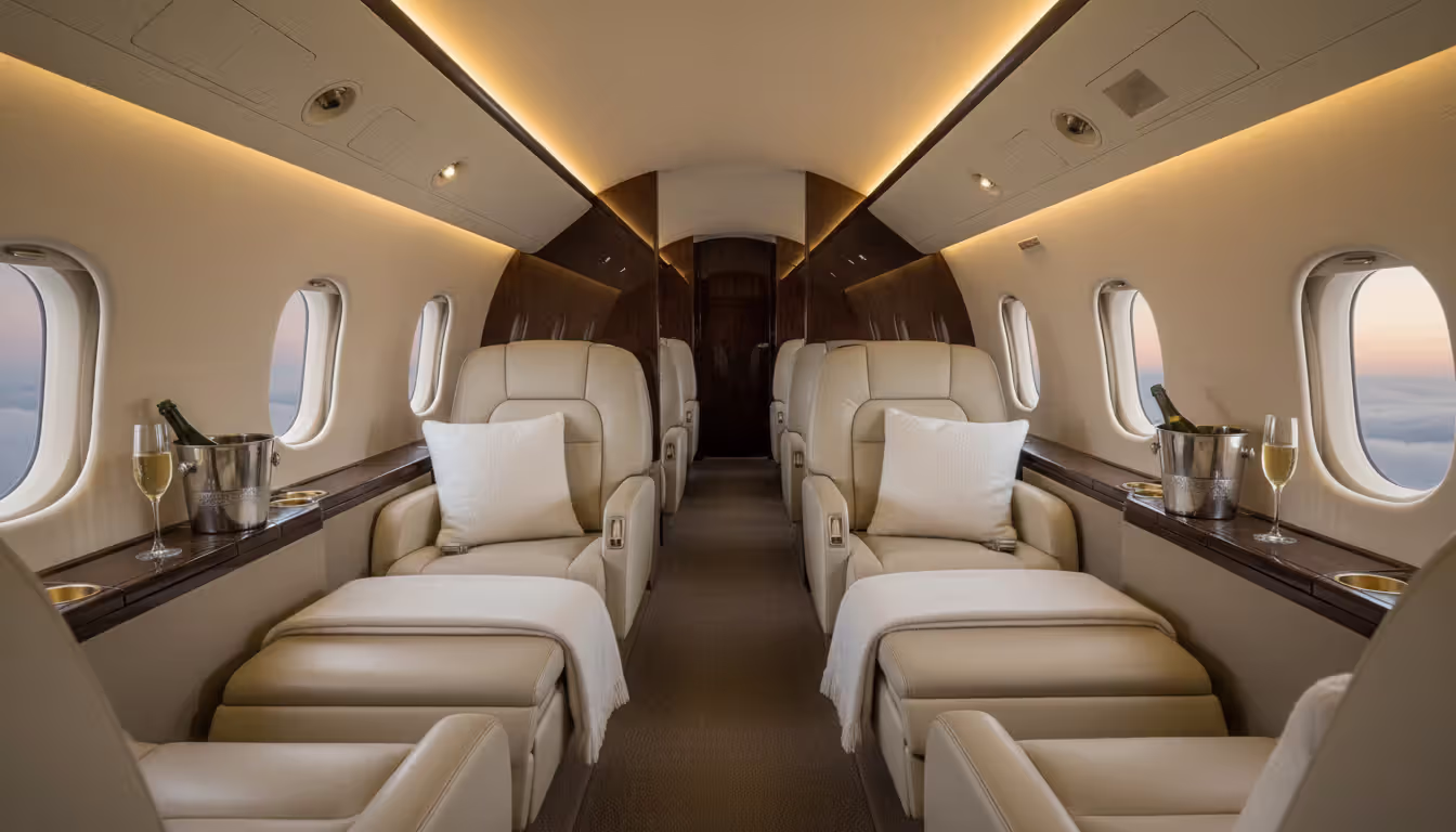 Luxurious private jet cabin interior with lie-flat leather seats in 2-2 configuration, white bedding, and warm ambient lighting