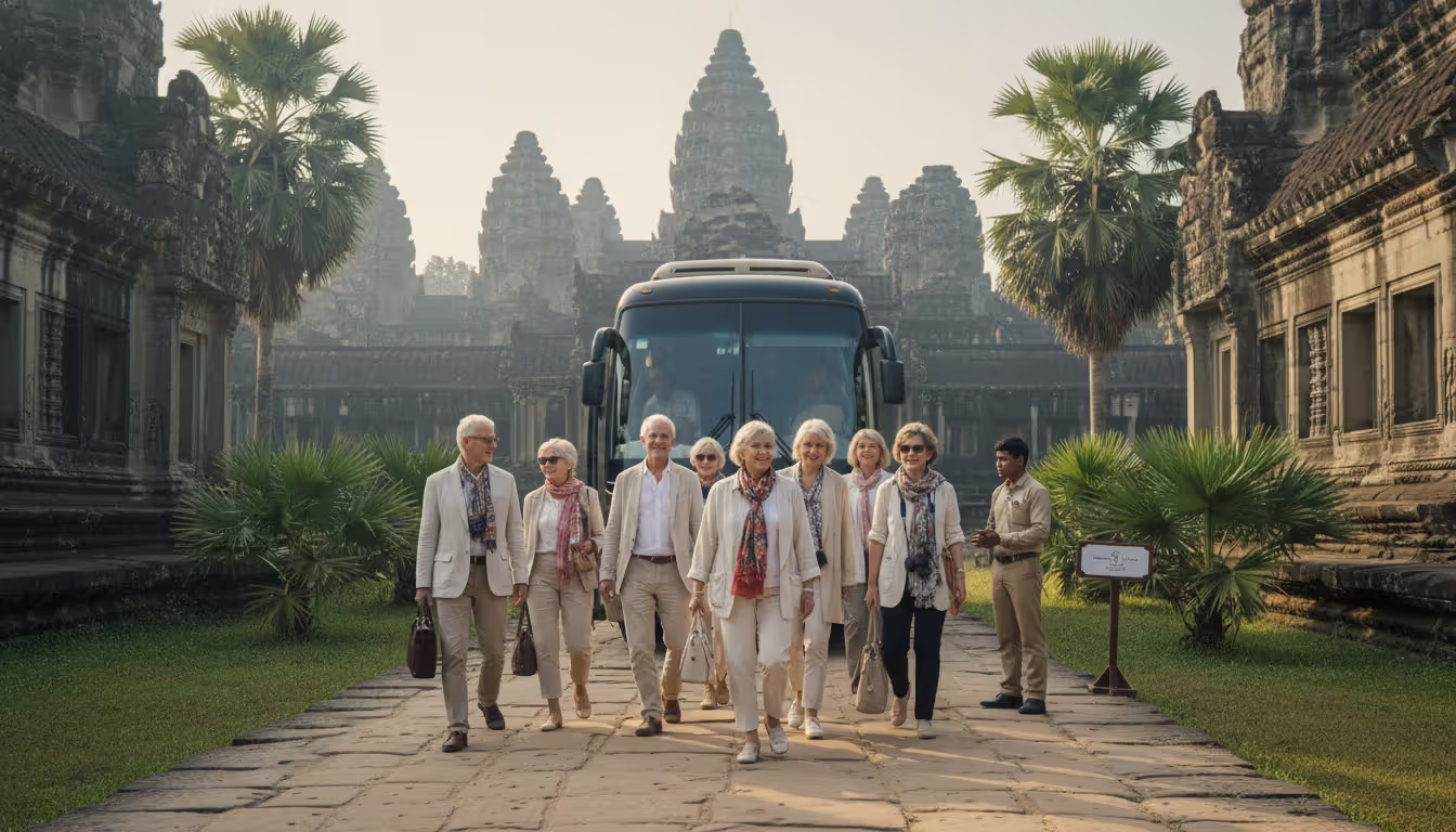 Small group of mature travelers exiting luxury coach near ancient Southeast Asian temple complex in morning light