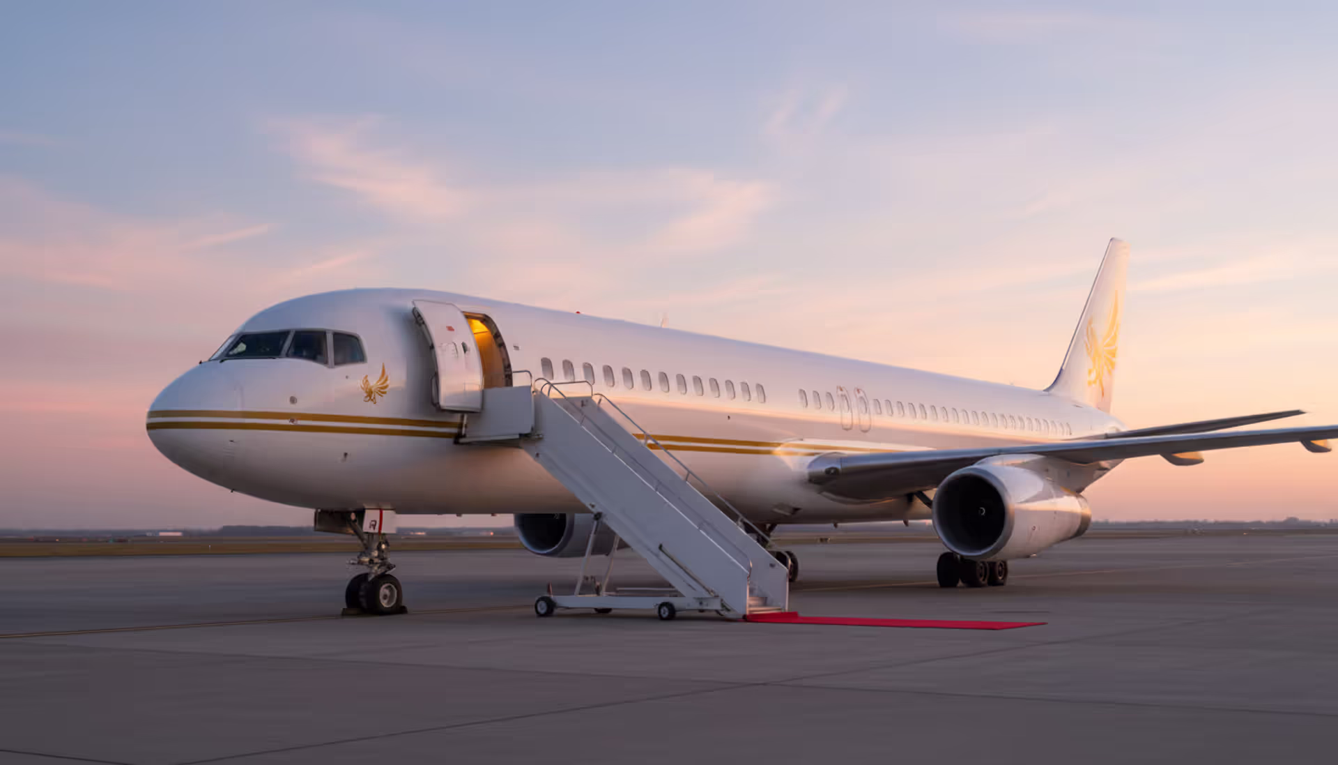Luxury white Boeing 757 private jet parked on airport tarmac with red carpet leading to open door at golden hour