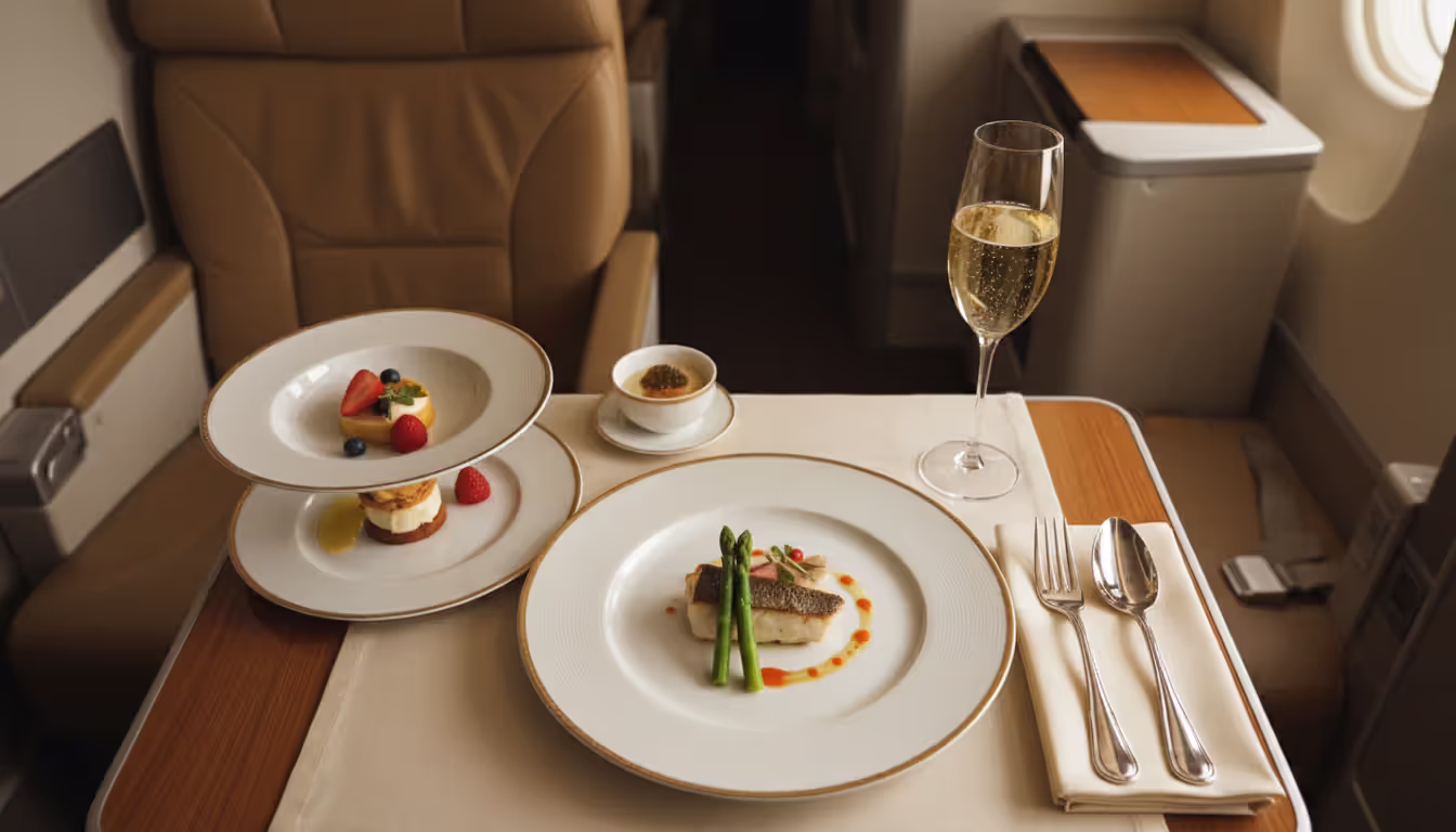 Overhead view of a fine dining meal served on an airplane first class tray with champagne glass, porcelain plates and metal cutlery