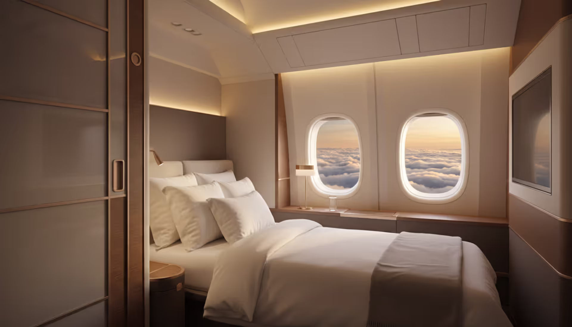 Luxurious first class airplane suite with sliding doors, flat bed with white bedding, warm ambient lighting and clouds visible through window