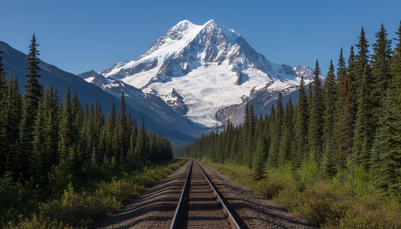 Mount Robson, the highest peak in the Canadian Rockies, with glaciers on its slopes, viewed from near railway tracks surrounded by conifer trees under a clear blue sky