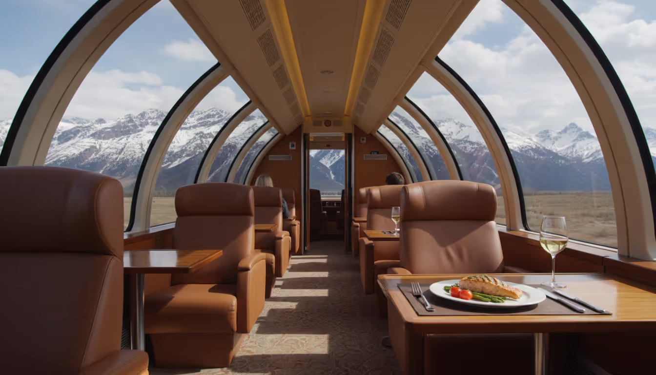 Interior of a luxury glass-domed train car with comfortable leather seats, panoramic windows showing mountain scenery, and a plated salmon dish with a glass of white wine on a table
