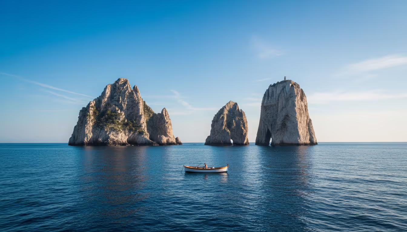 The Faraglioni rock formations off the coast of Capri island seen from the sea with a small boat nearby