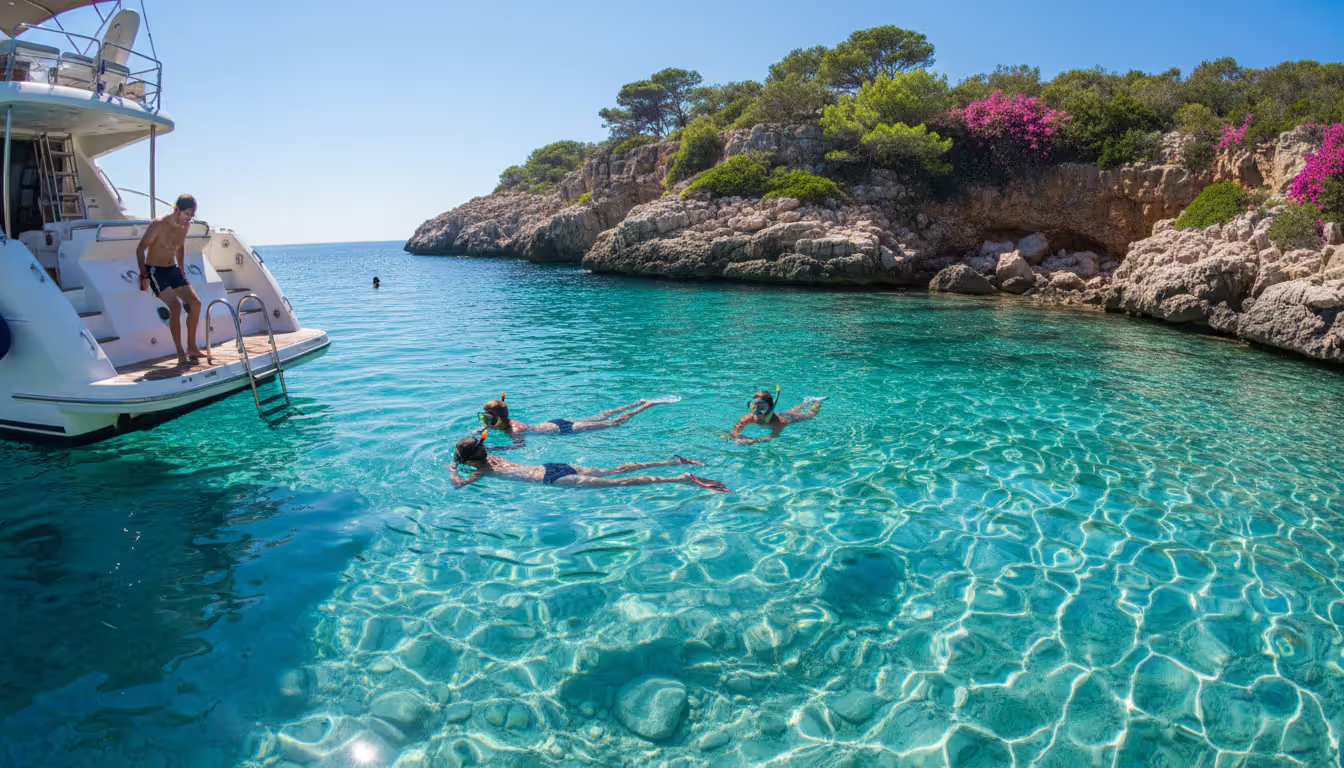People swimming and snorkeling in crystal-clear water near a rocky cove with a yacht swim platform in the foreground