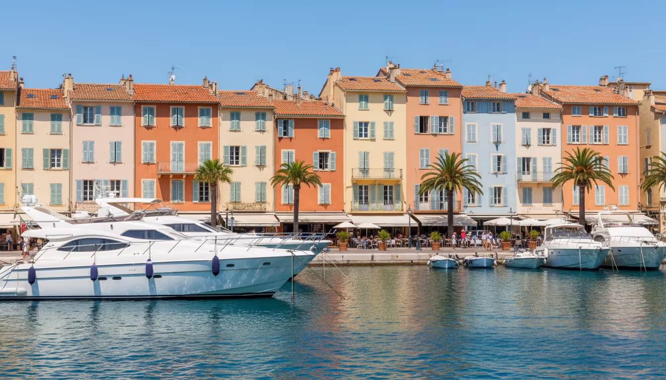 Luxury yachts moored stern-to in the old port of Saint-Tropez with colorful Provencal waterfront buildings in background on a sunny summer day