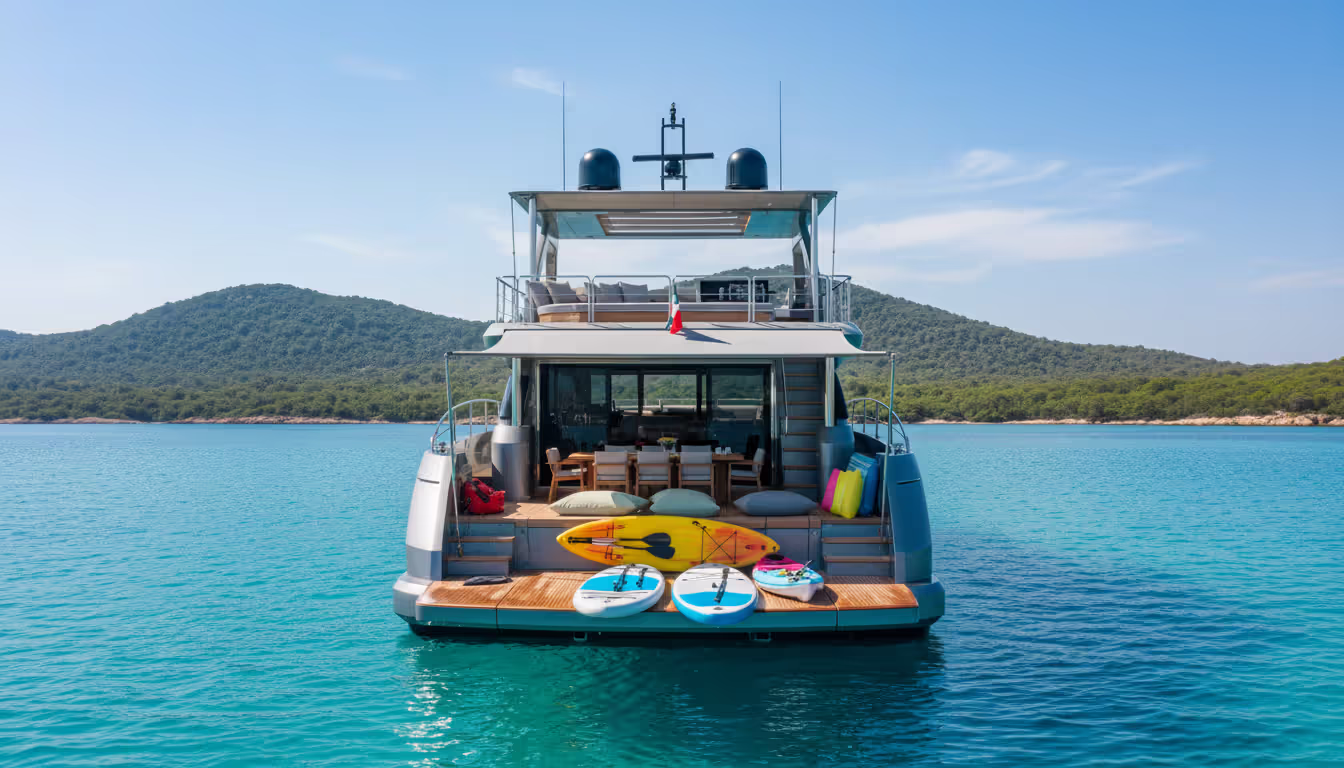 Stern view of a modern luxury motor yacht at anchor in a calm turquoise bay showing swim platform with water toys and flybridge deck
