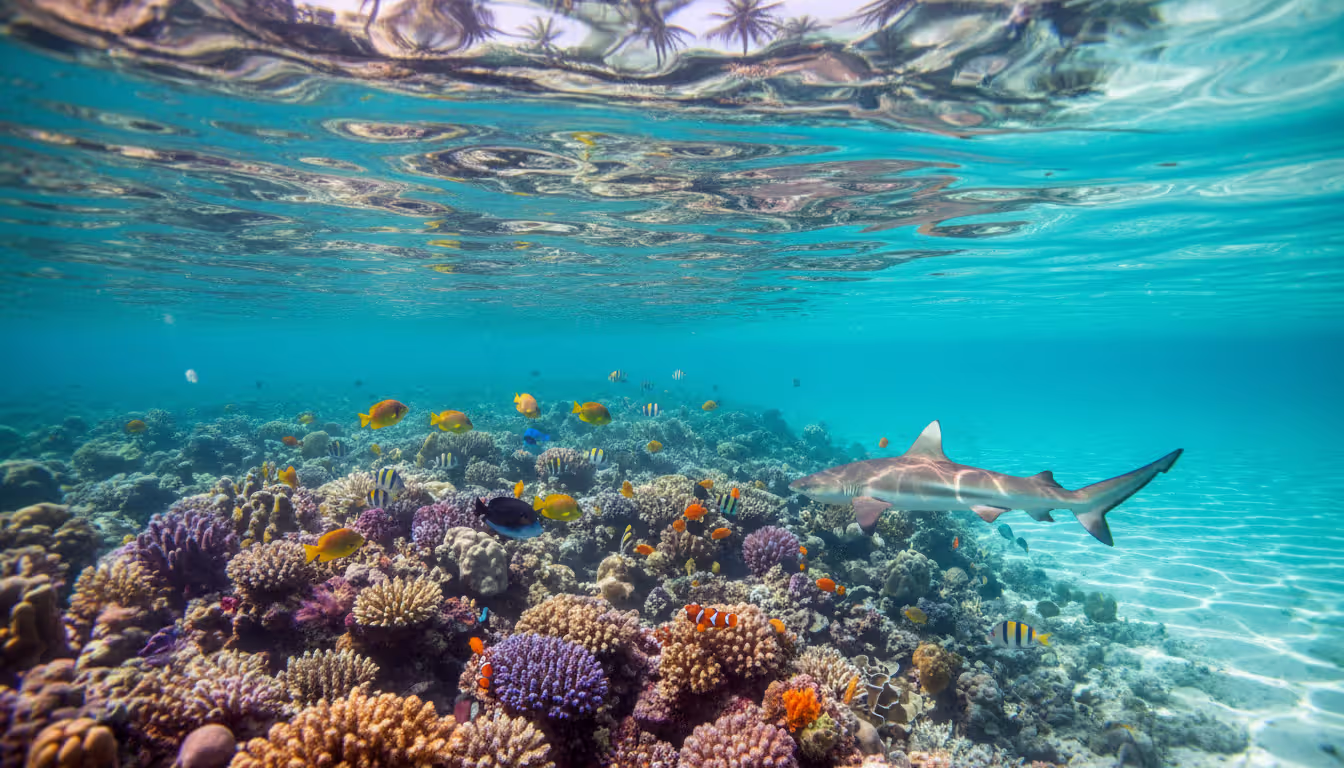 Underwater scene in a clear tropical lagoon showing colorful coral reef, school of tropical fish, and a blacktip reef shark swimming near the reef with sunlight filtering through the water