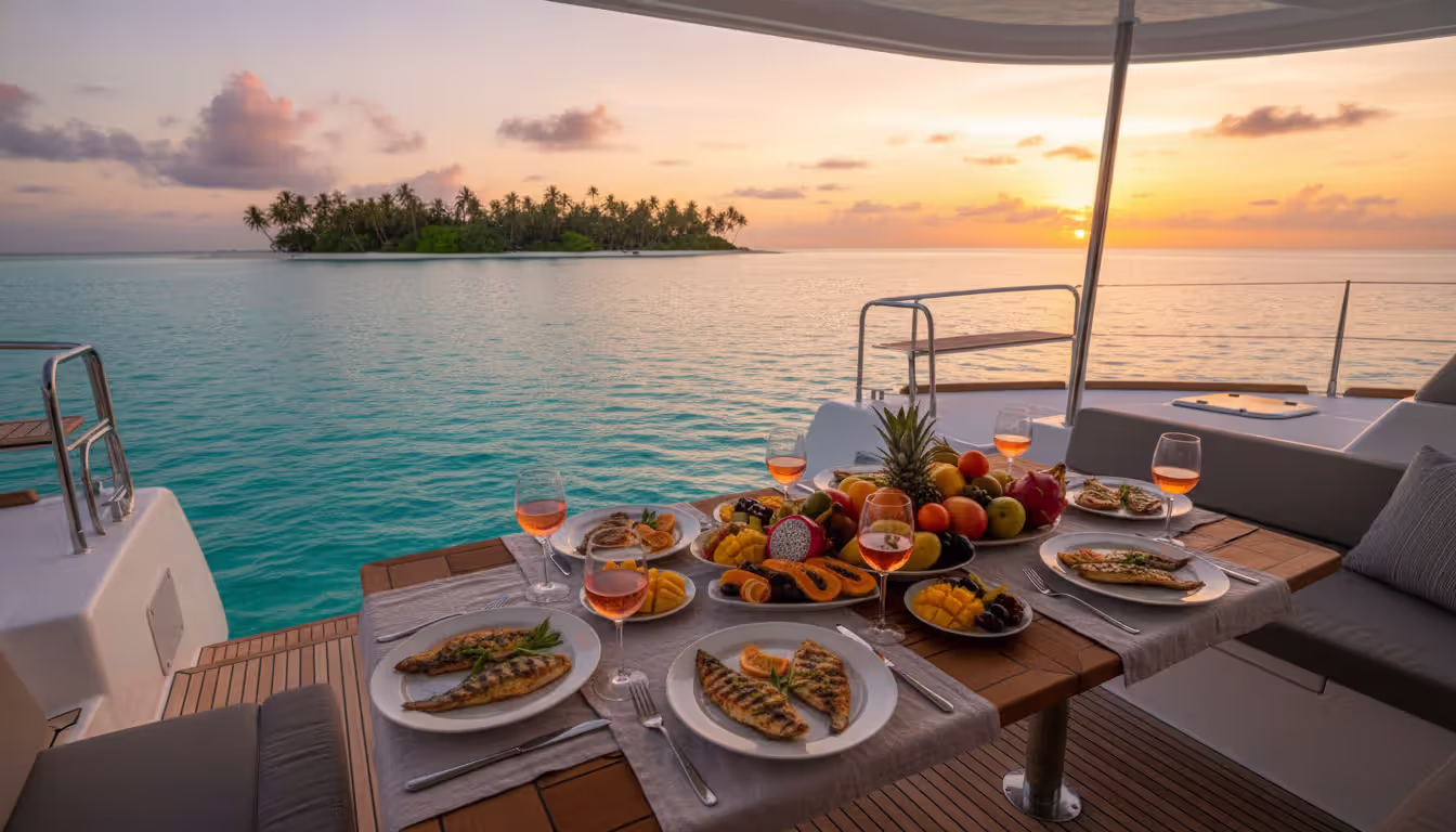 Luxury catamaran deck with a dinner table set with fresh seafood, tropical fruits, and wine glasses, anchored in a calm turquoise lagoon with a palm-covered motu and sunset sky in the background