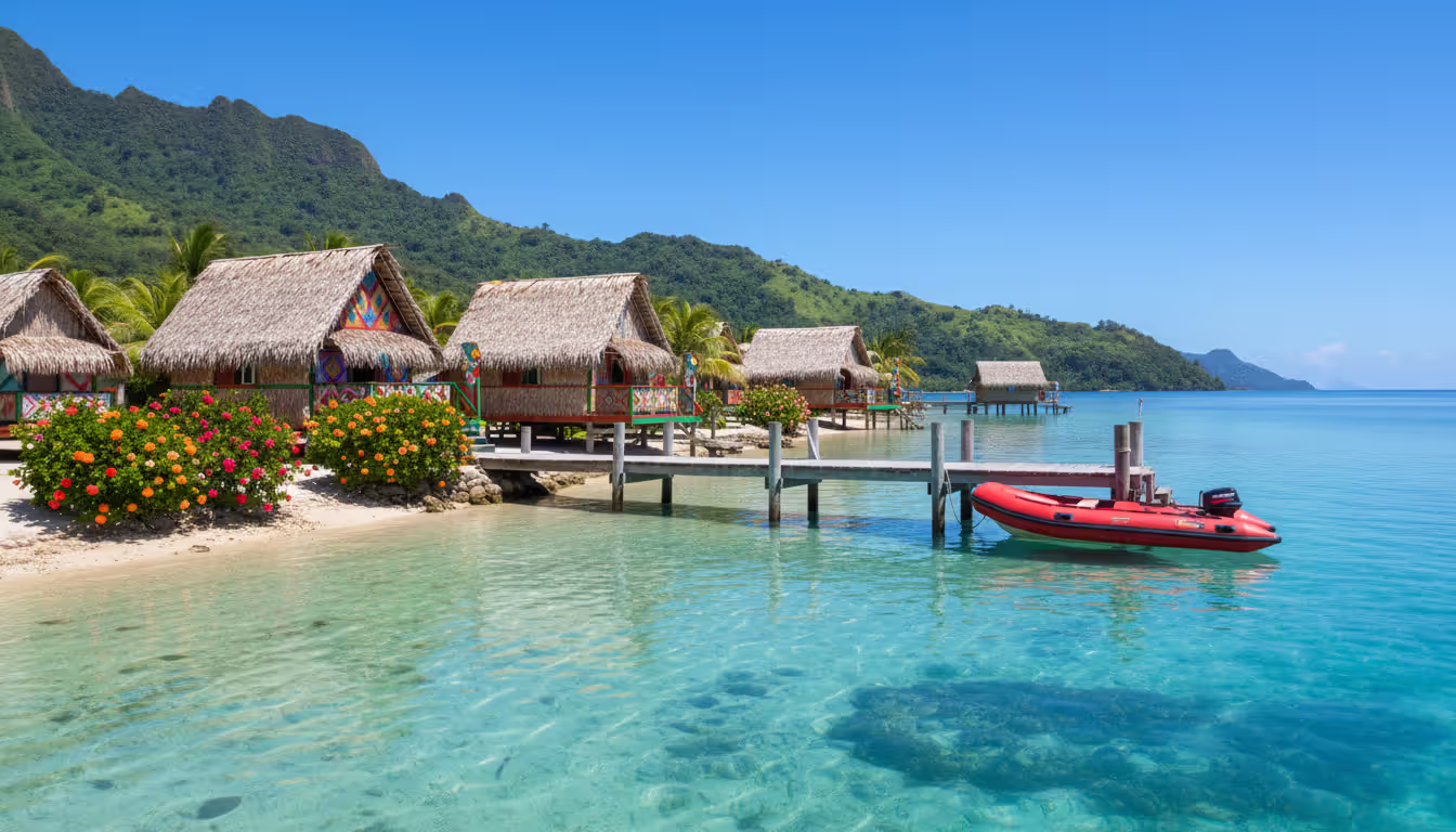 Small Polynesian village on a lagoon shore with traditional thatched-roof huts, a wooden pier with a dinghy, blooming hibiscus bushes, and lush green mountain slopes in the background