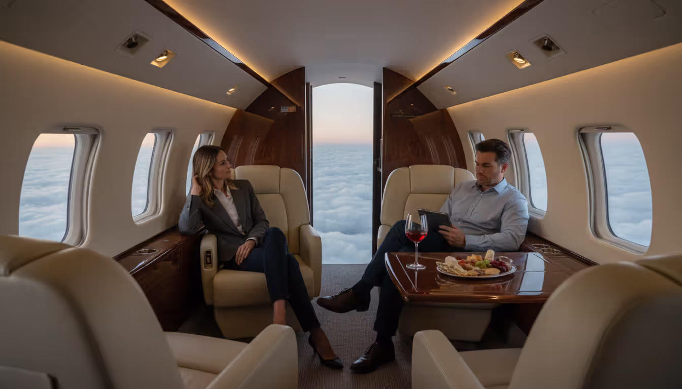 Spacious luxury private jet cabin interior with leather seats, panoramic windows, warm lighting, and passengers relaxing during flight