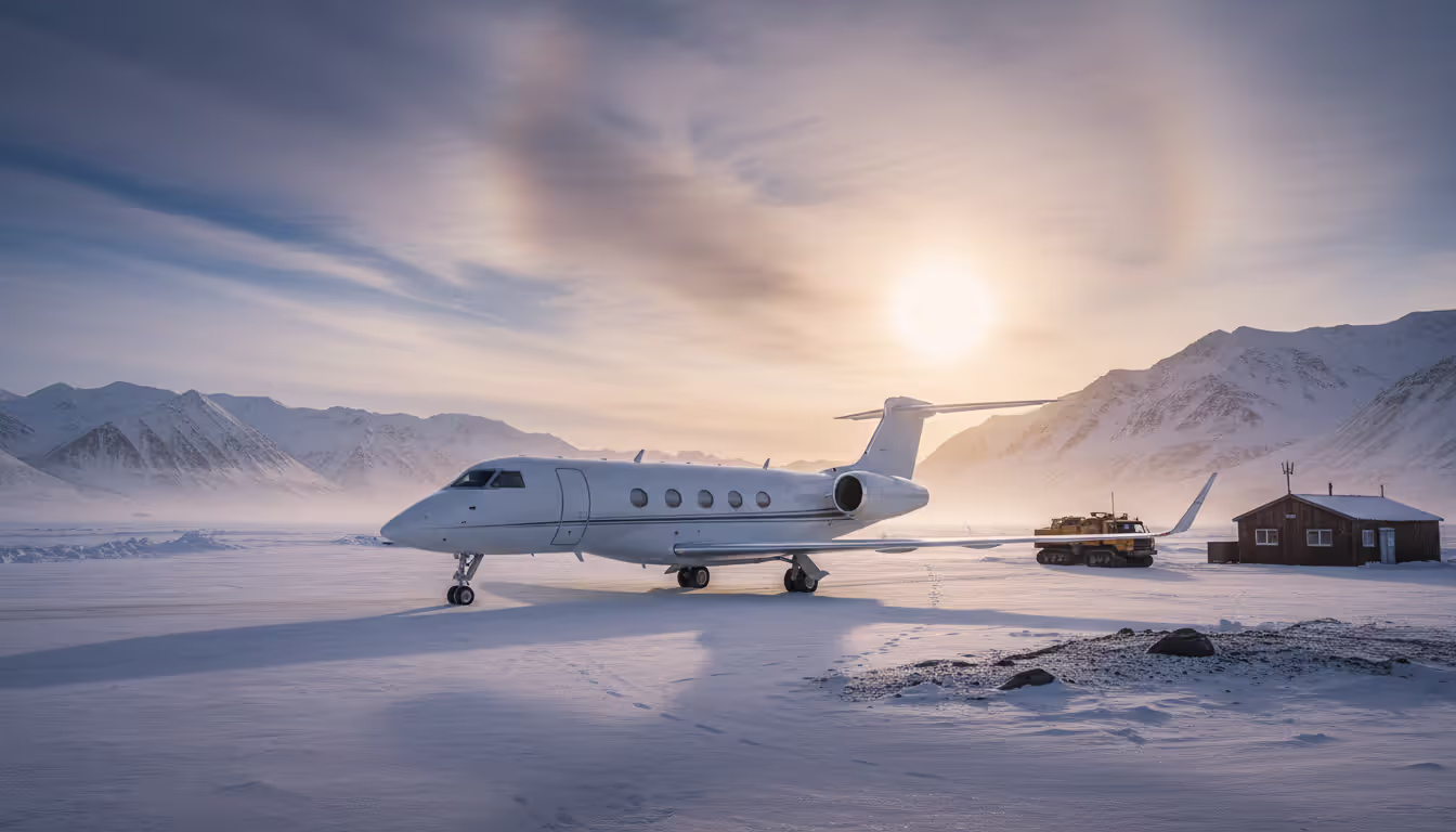 Private jet parked on a remote arctic airstrip surrounded by snow-covered mountains and icy landscape
