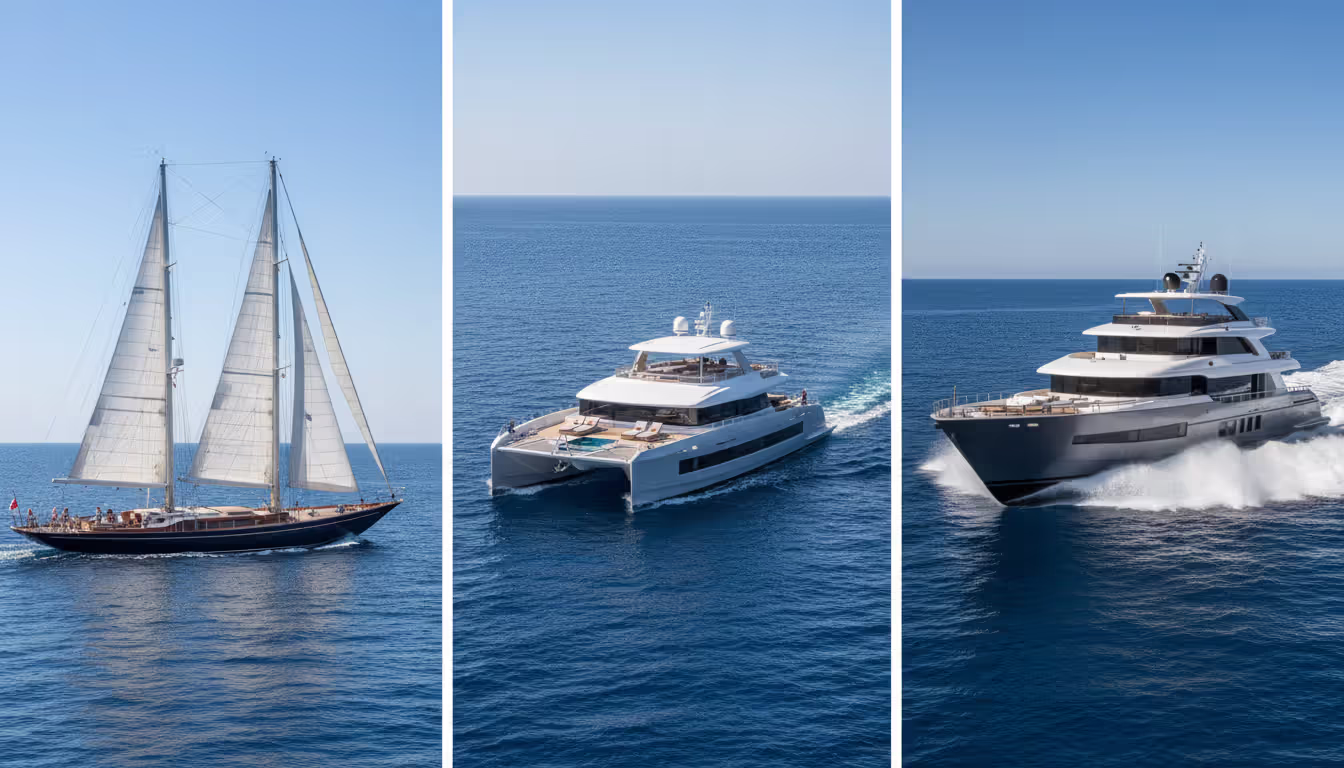 Three types of charter yachts side by side: sailing yacht, motor yacht, and catamaran on calm blue sea