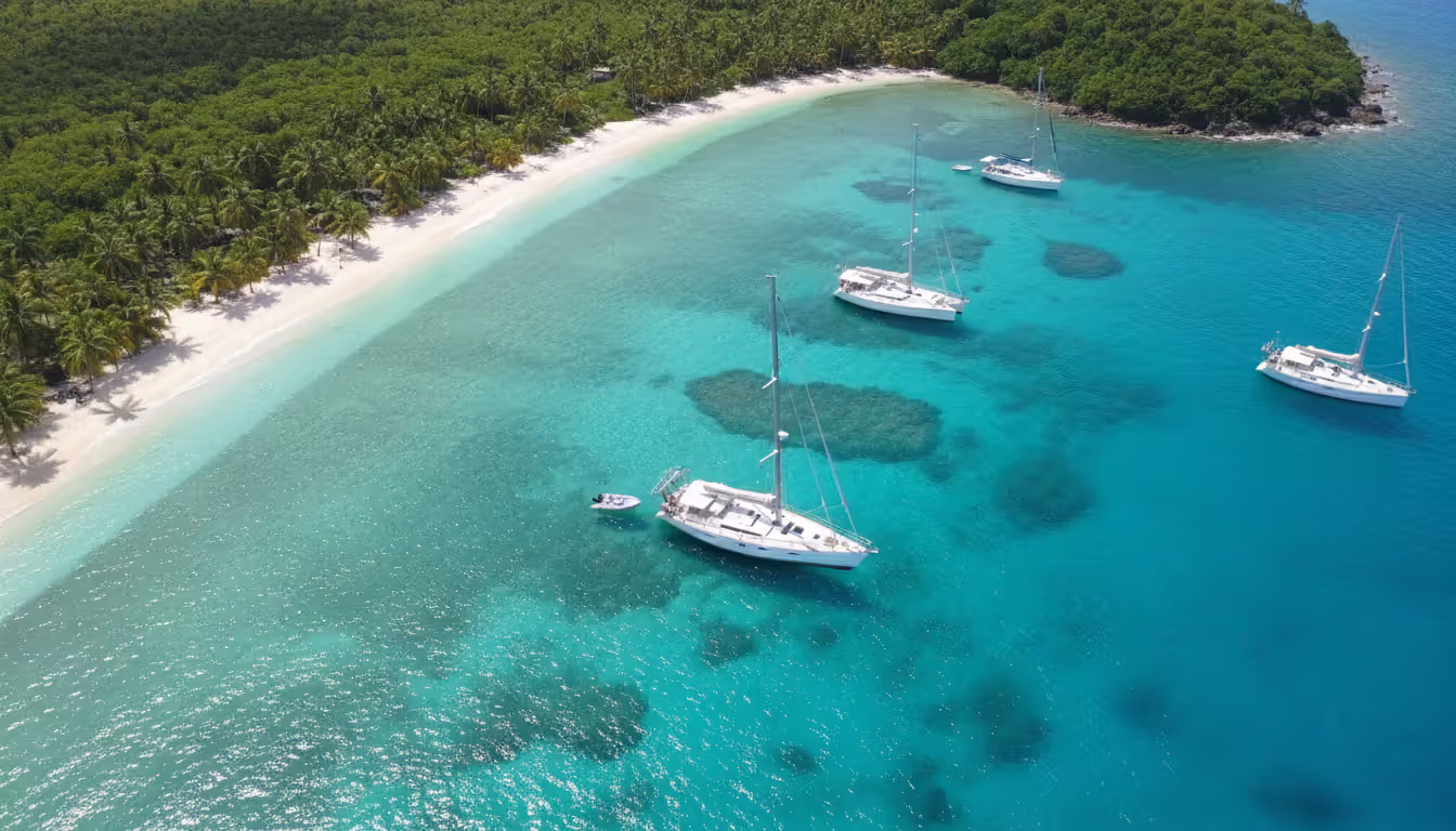 Aerial view of Caribbean bay with several yachts anchored near a white sand beach surrounded by lush green tropical vegetation